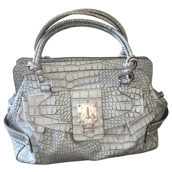 Guess Vintage Y2k Croc Embossed Leather Large Satchel Shoulder Bag Blue Lock - Picture 1 of 15